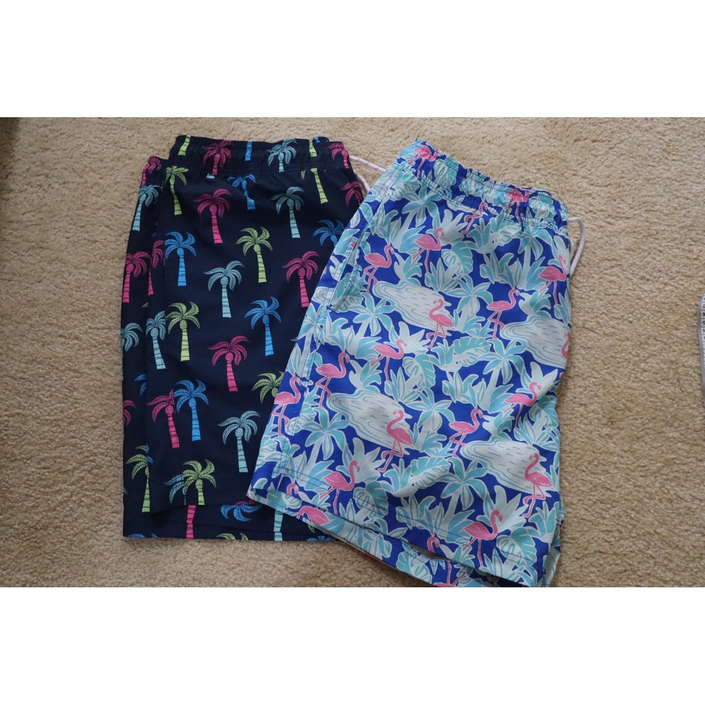 Tropical Beach Vacation Member's Mark Swim Trunks XL Blue Navy Palm Flamingo 2PK